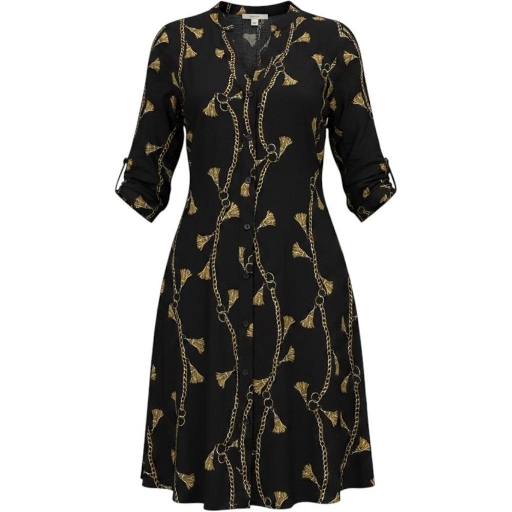 H&M Shirt Dress Womens 8 Black Gold Chain Tassel Print 3/4 Sleeve V-Neck Knee